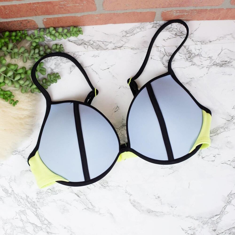 Victoria's Secret Colorblock Fabulous Top Blue/Gray Neon Yellow Bikini Top 34D - Picture 2 of 4